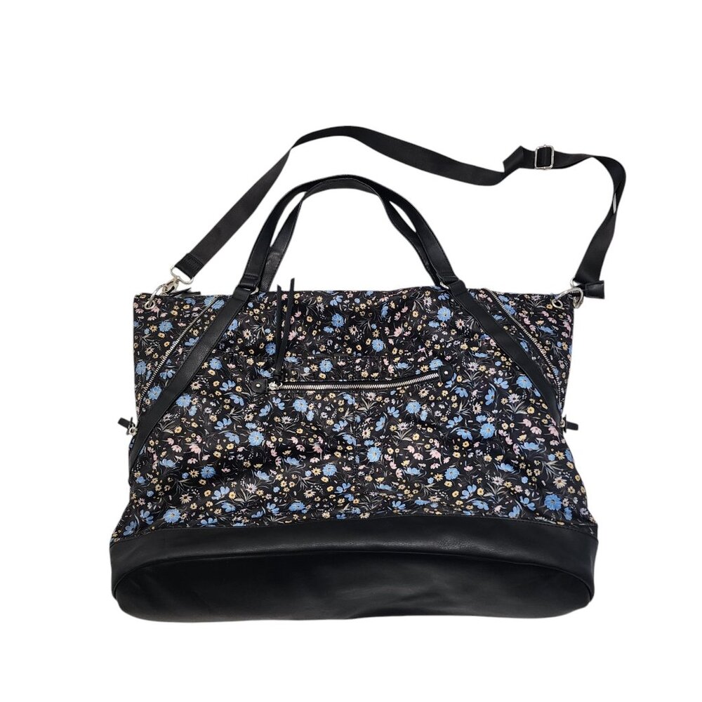 Wild Fable Floral Nylon Travel Bag Black Faux Leather Trim Tote Gym Duffle